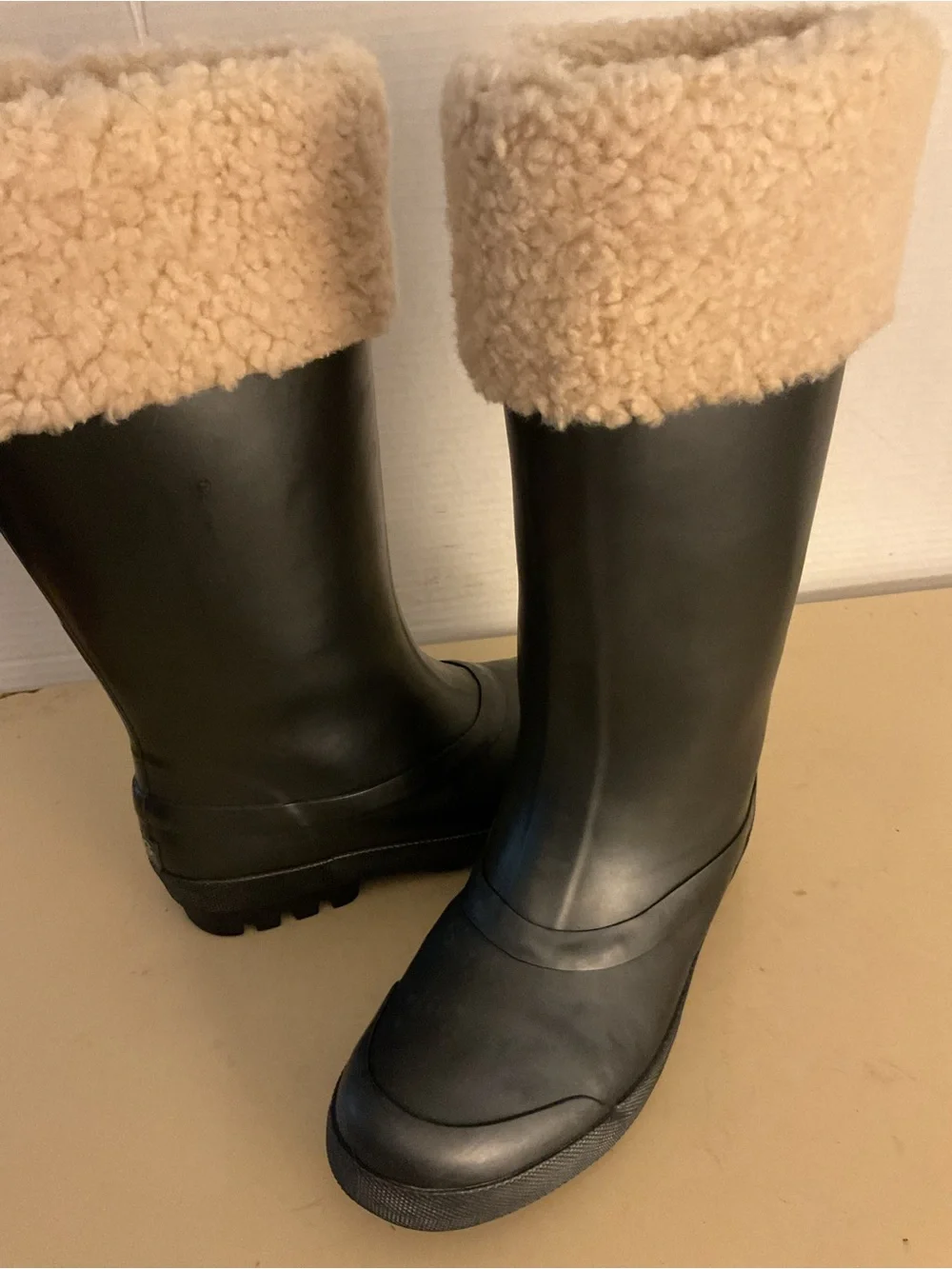 UGG Black Rain Boots with Cream Shearling Cuffs